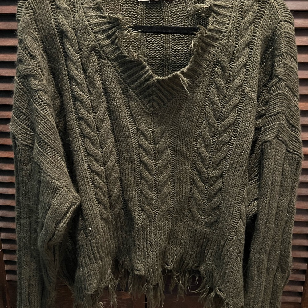 Rewind Distressed Olive V-Neck Sweater